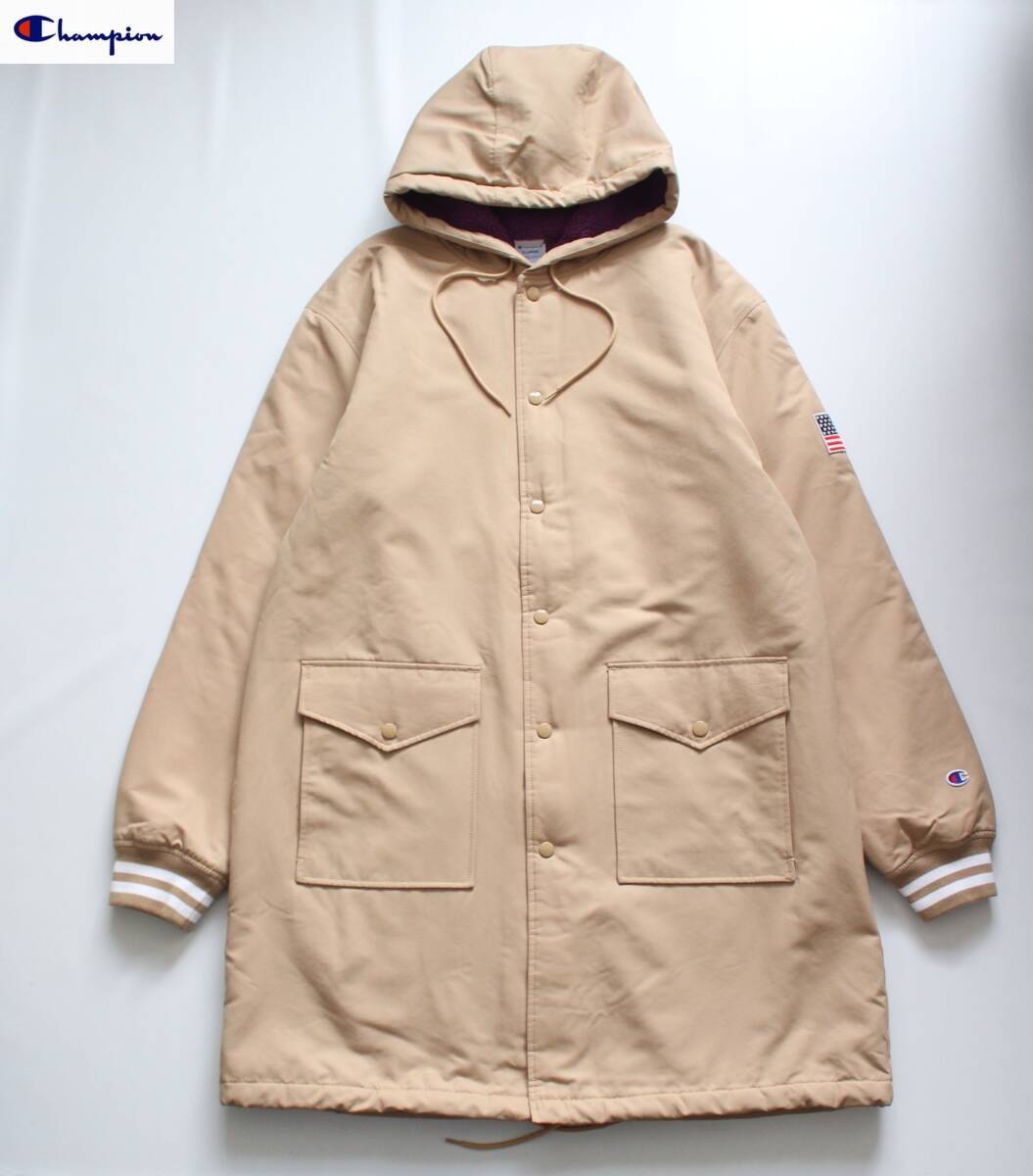 【 Champion チャンピオン 】裏ボアフリース フード 星条旗ワッペン ハーフコート XL ベンチコート C3-Q603 定価\18,480 撥水 中綿拍卖