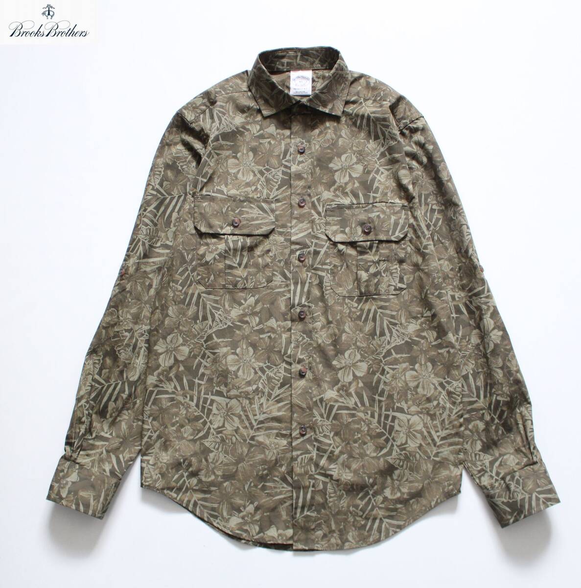 【 ブルックスブラザーズ 】コットンポプリン カモフラージュ ボタニカルプリント 長袖 スポーツ シャツ XS 100188024 定価¥15,400 カーキ拍卖