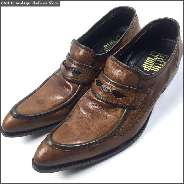 即決★Giftur Crump★26.5cm位 レザーローファー ギフチャークランプ メンズ 42 茶 本革 ロングノーズ 革靴 ヒール 日本製 ヒロムT ROEN拍卖