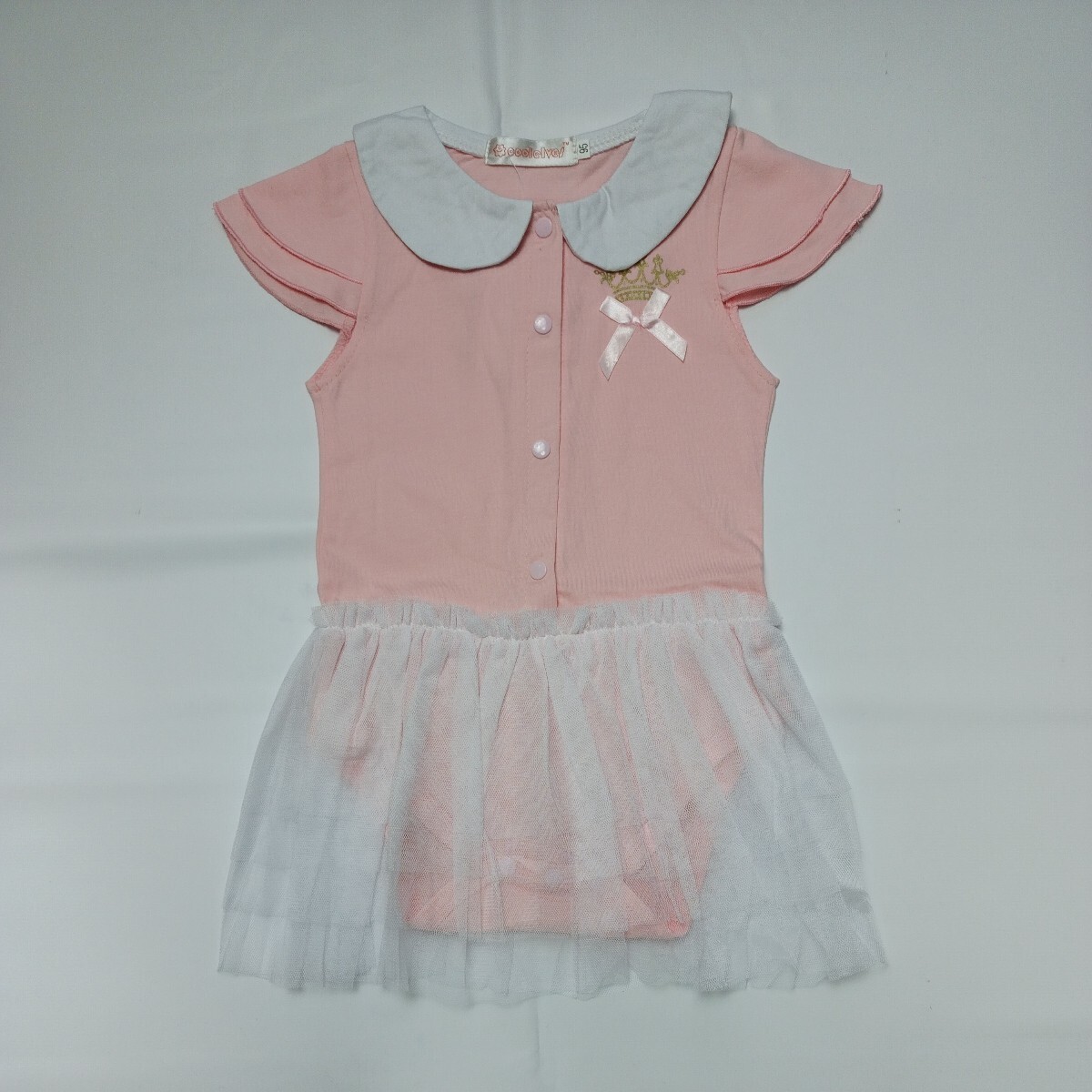 【95サイズ】【未使用】 ベビー 赤ちゃん 女の子 95 ロンパース ドレス 半袖 スカート風 フリル ワンポイント 王冠 クラウン ③拍卖
