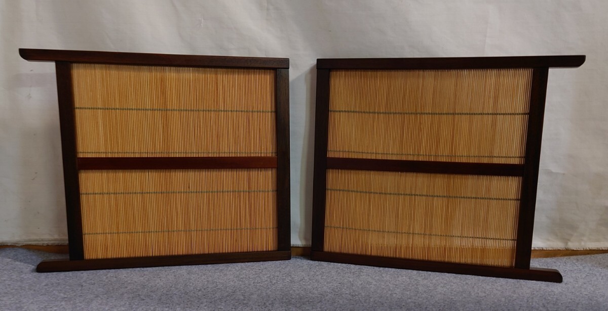 ミニ 屏風 お好きにカスタマイズ 丁番はご要望で横型 縦型に取付け 小さな折り畳み式2連 ブラウンフレーム ライトブラウン木簾 2枚式衝立拍卖