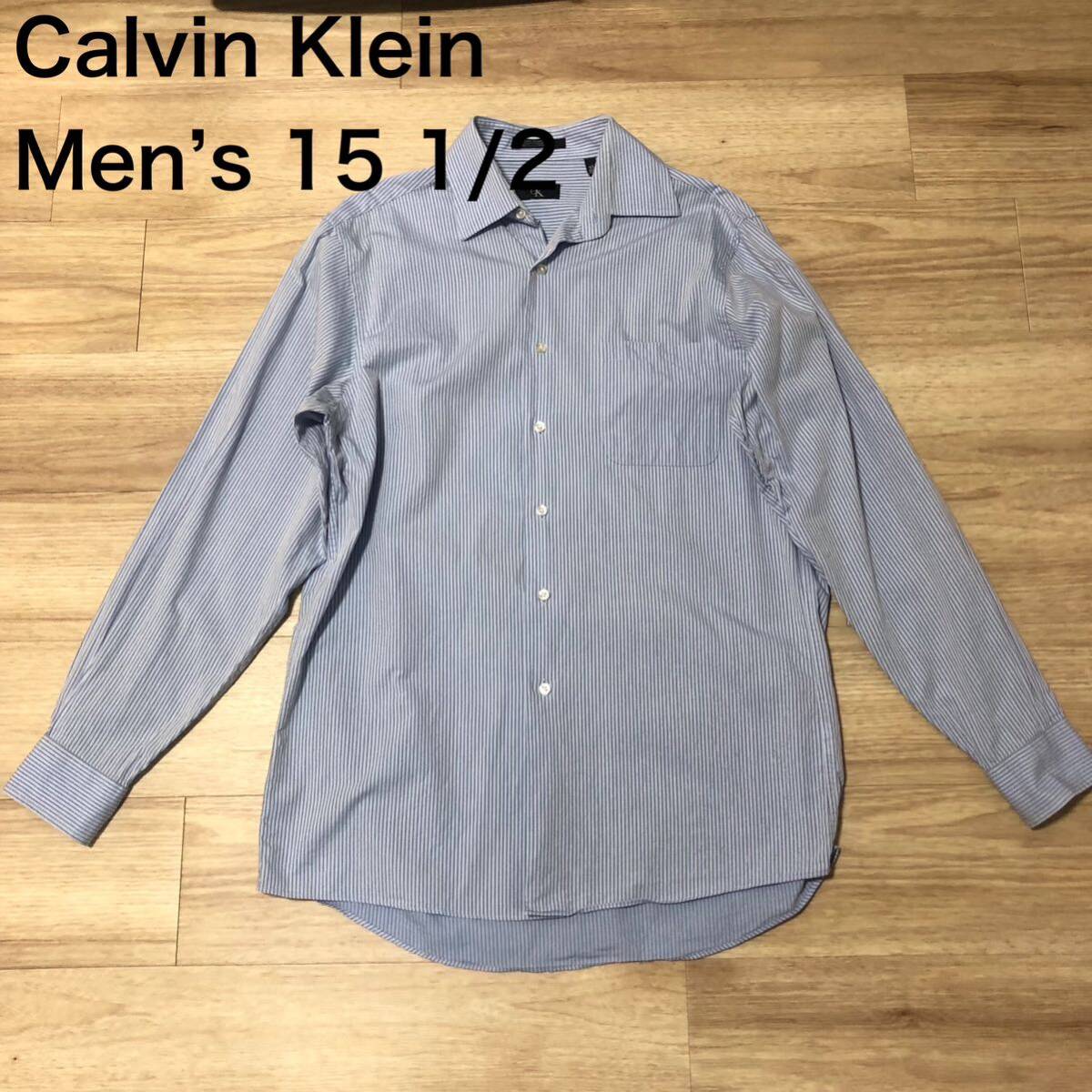 【送料無料】Calvin Klein 長袖シャツ 青ストライプ柄 メンズ15 1/2サイズ カルバンクラインワイシャツ拍卖