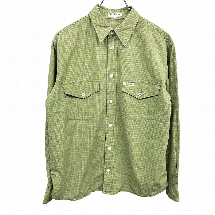メルローズ オン ファミーユ MELROSE en FAMILLE シャツ チェック 両胸フラップポケット 長袖 ロゴ 綿100% 3 グリーン 緑×茶 レディース拍卖