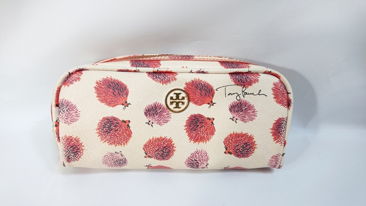 本物TORYBURCHトリバーチ本革レザー ポーチベージュ赤ハリネズミ柄化粧ポーチレディース旅行トラベル拍卖