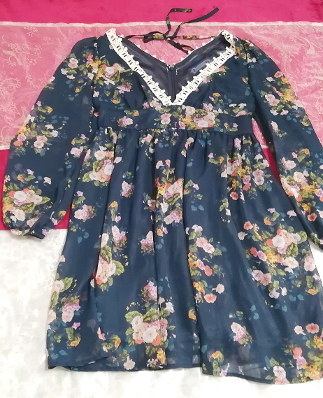 紺ネイビーシフォン長袖花柄ネグリジェチュニックワンピース Navy chiffon long sleeve flower pattern negligee tunic dress拍卖