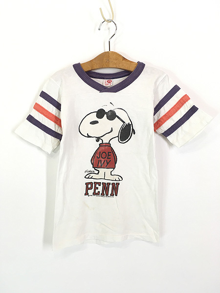 キッズ 古着 70s USA製 ARTEX Snoopy スヌーピー 「PENN」 キャラクター フットボール Tシャツ S 6歳位 古着拍卖