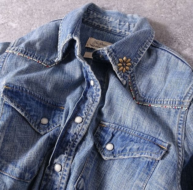 REMI RELIEF レミレリーフ スタッズ ビーズ ユーズド加工 デニム ウエスタン シャツ 長袖 ワーク コットン 花 フラワー 日本製 (M) o-995拍卖