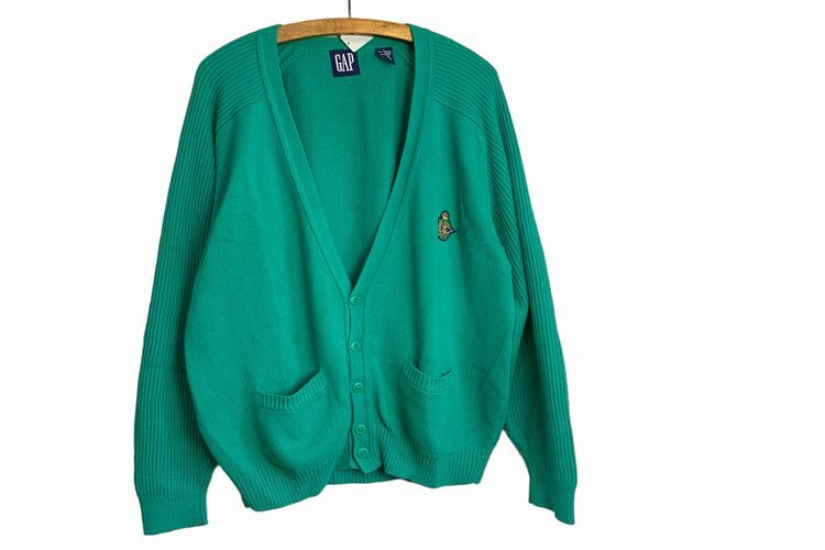 グッドカラー!!ビンテージOLD GAPオールドギャップワンポイントエンブレムオールコットンニットカーディガンLエメラルドグリーンnr24956拍卖
