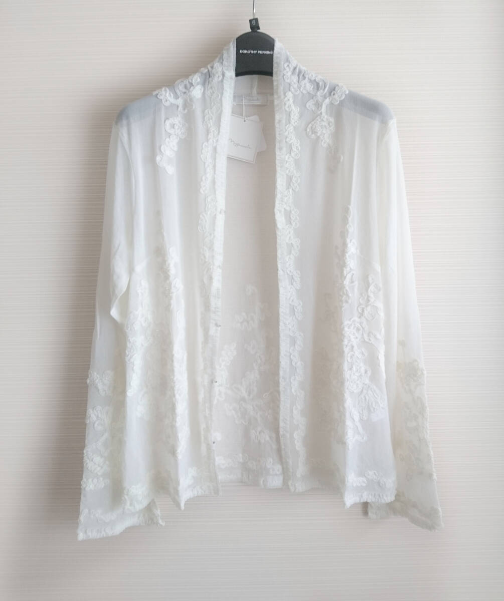 豪華刺繍カーディガン アイボリー LLサイズ 透け感 シースルー リボン ビーズ 長袖 Vネック/リボン刺繍 エンブロイダリー ストレッチ 軽量拍卖