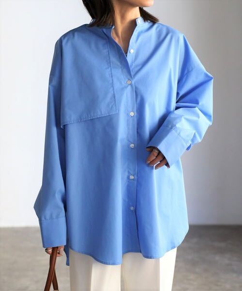 新品◆EASEBLUEアシメフラップオーバーシャツブラウス ブルー Bonjour Sagan拍卖
