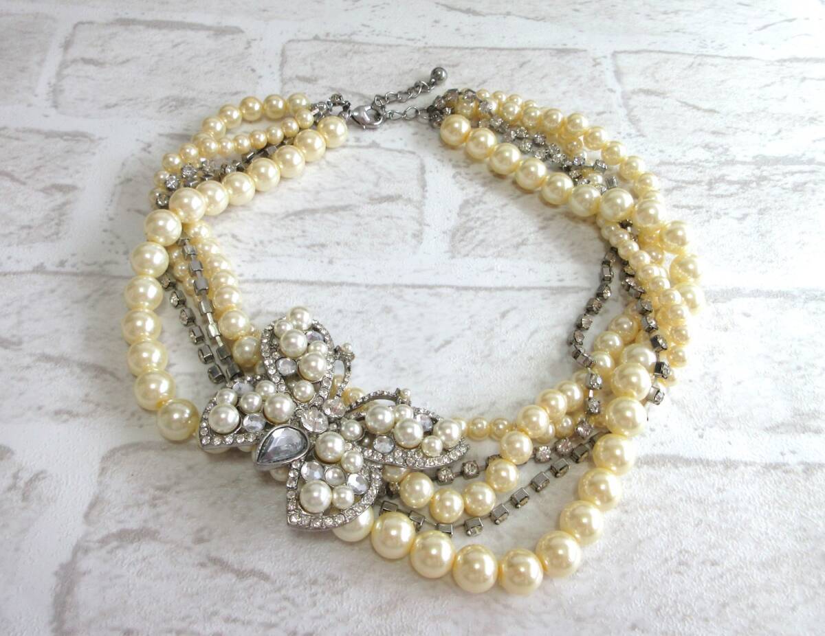 送料込み! セレクトショップ購入 インポート プラ パール ビジュー ネックレス ( ちょうちょ ラインストーン アクセサリー セレモニー )拍卖