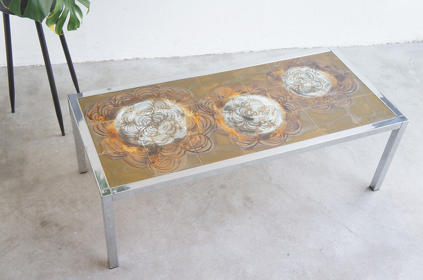 SALE1970’s ミッドセンチュリー ベルギー Juliette Belartiヴィンテージ タイルテーブル 配送不可 引取り限定/幾何学/クローム/デザイナー拍卖