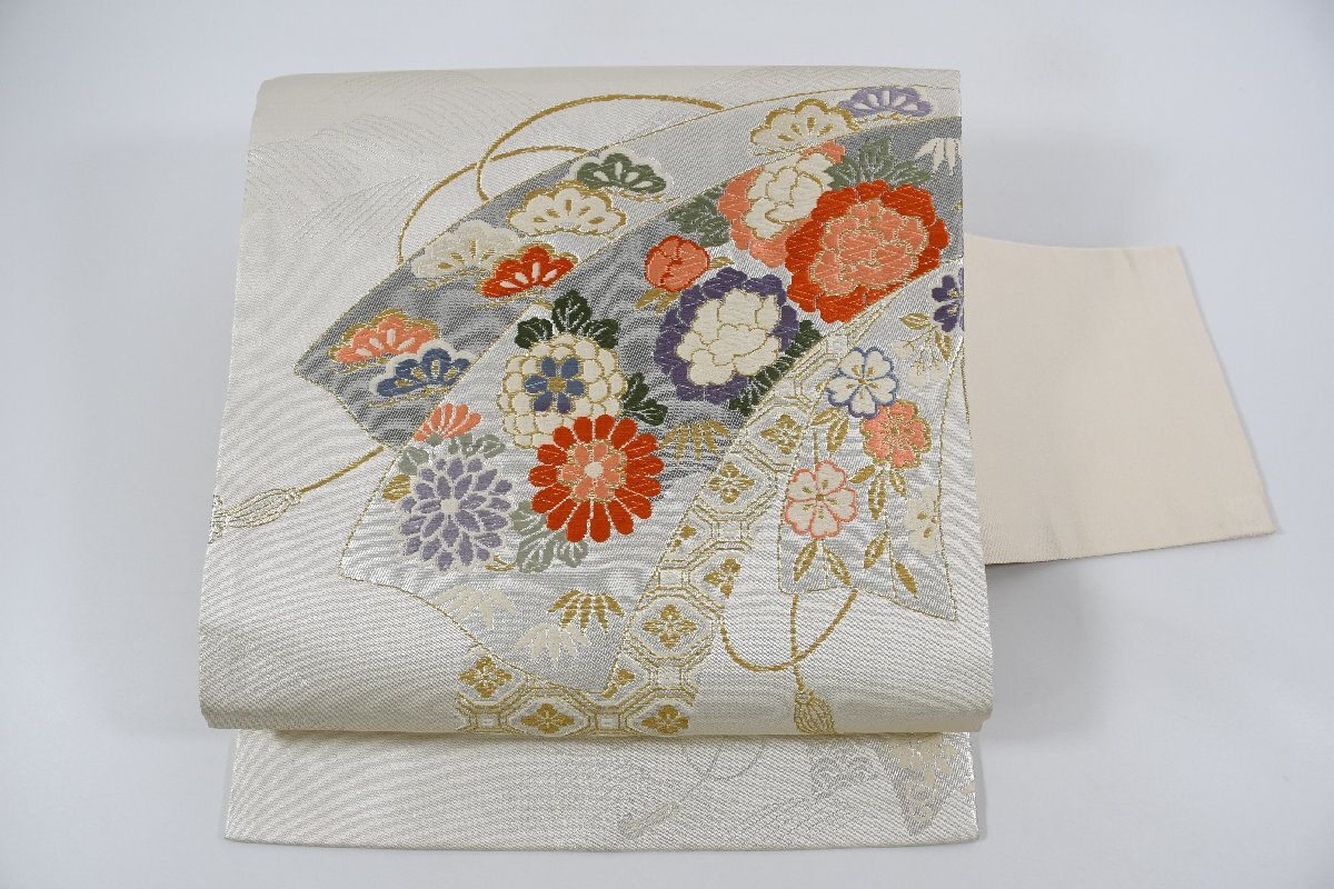 名古屋帯 プラチナ箔 春秋雅楽錦 花 帯丈356cm ★着物屋 ne-9185 桜庭呉服店拍卖