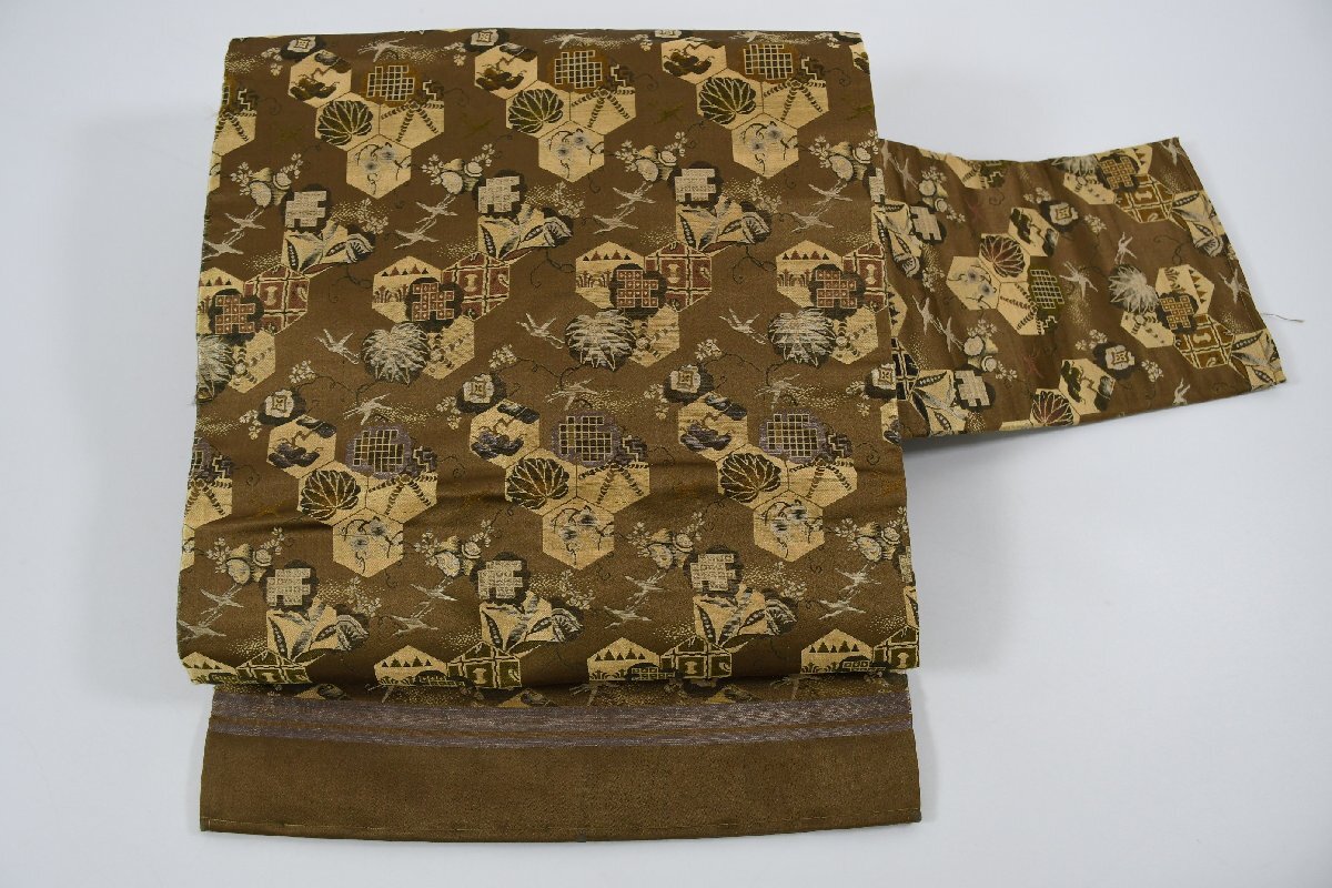 名古屋帯 アンティーク 幾何学模様 鶴 帯丈360cm ★着物屋 ne-9214 桜庭呉服店拍卖