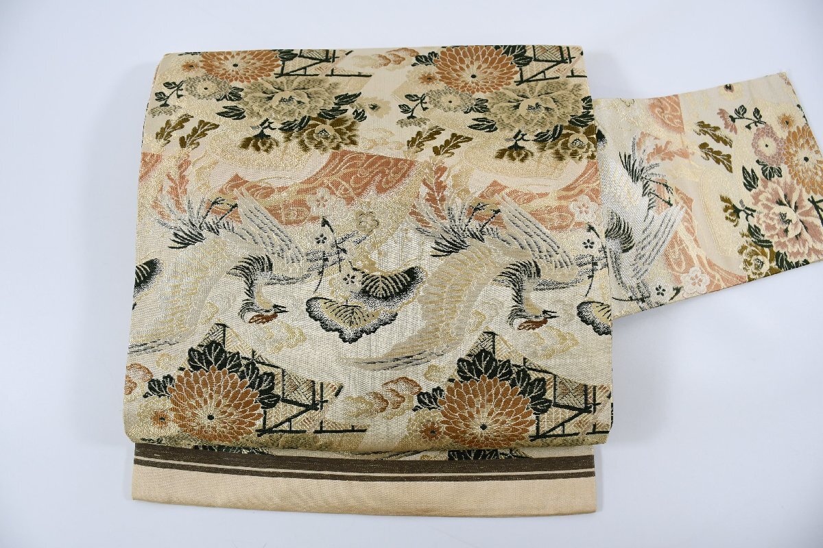 名古屋帯 アンティーク 鳥 花 帯丈312cm ★着物屋 ne-9290 桜庭呉服店拍卖