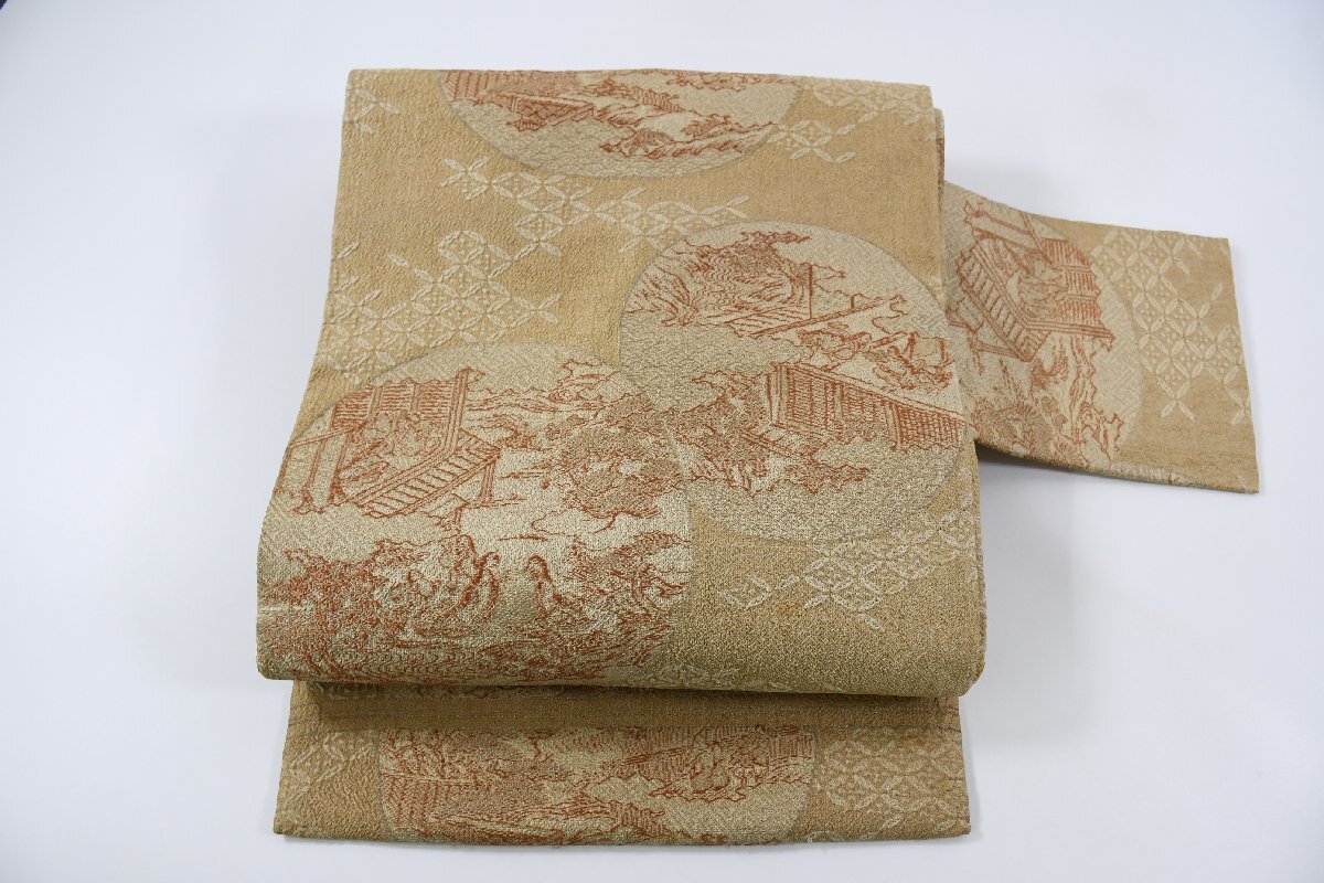 名古屋帯 アンティーク 風景 帯丈406cm ★着物屋 ne-9415 桜庭呉服店拍卖