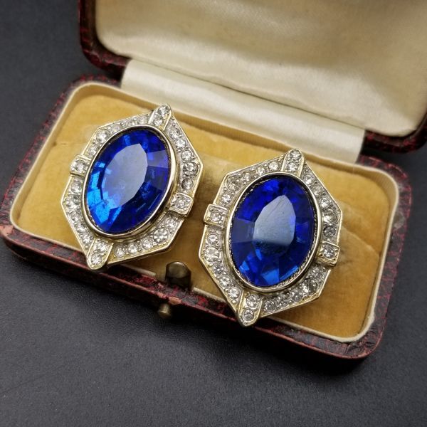 ロイヤルブルー 6角形 クラシックデザイン ヴィンテージ クリップイヤリング サファイアブルー ゴージャス エレガント 美しい青 Y15-E拍卖