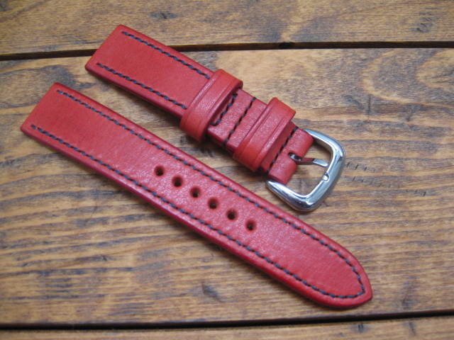 ★牛ヌメ革 銀スリ 擦り イタリア風レザー 磨き仕様 赤 レッド 時計バンド ベルト 20mm ★ 手縫い ハンドメイド拍卖