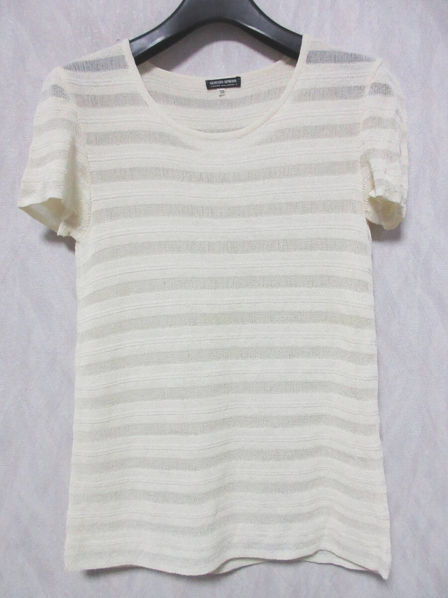 ジョルジオアルマーニ GIORGIO ARMANI 半袖 シースルー ニット オフ白 38 亥4658拍卖