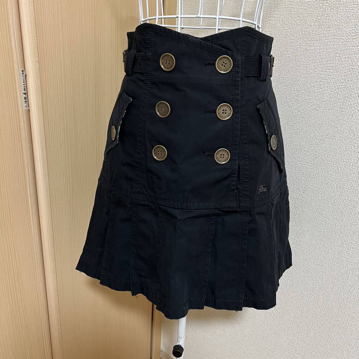 美品 BURBERRY BLUE LABEL バーバリー ブルーレーベル スカート ハイウエスト ネイビー チェック 膝丈 ミニスカート 38拍卖