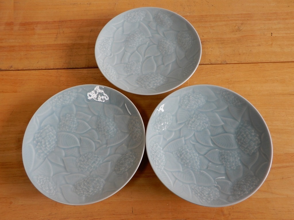 ●青磁 紫陽花 大皿 3枚組 23㎝ あじさい 和皿 和食器●拍卖