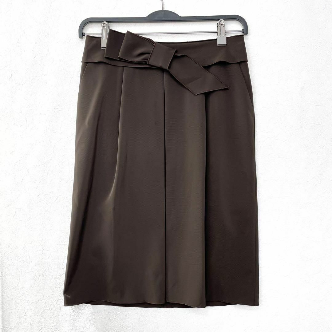 洗える! フォクシーニューヨーク ウエスト リボン インバーテッド プリーツ スカート ブラウン 40サイズ 日本製 FOXEY NEW YORK拍卖