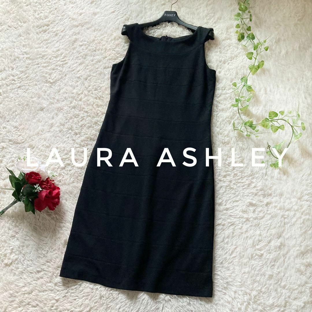 洗える!ローラーアシュレイ ノースリーブフレアワンピース ジャジー素材 黒 レディース Mサイズ Laura Ashley拍卖