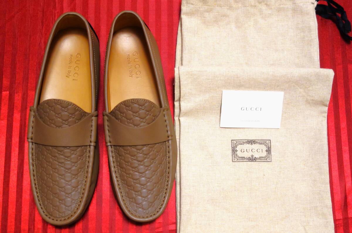 定価10万円 未使用品 グッチ(GUCCI) レザーローファー(ドライビングシューズ) 71/2 (日本サイズ26~26.5cm) ライトブラウン スリッポン拍卖