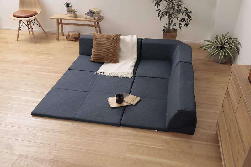 マット付きローソファ 4点セット コーナーソファ カバーリング 洗える 洗濯可 ローソファ 布張りブルー色拍卖