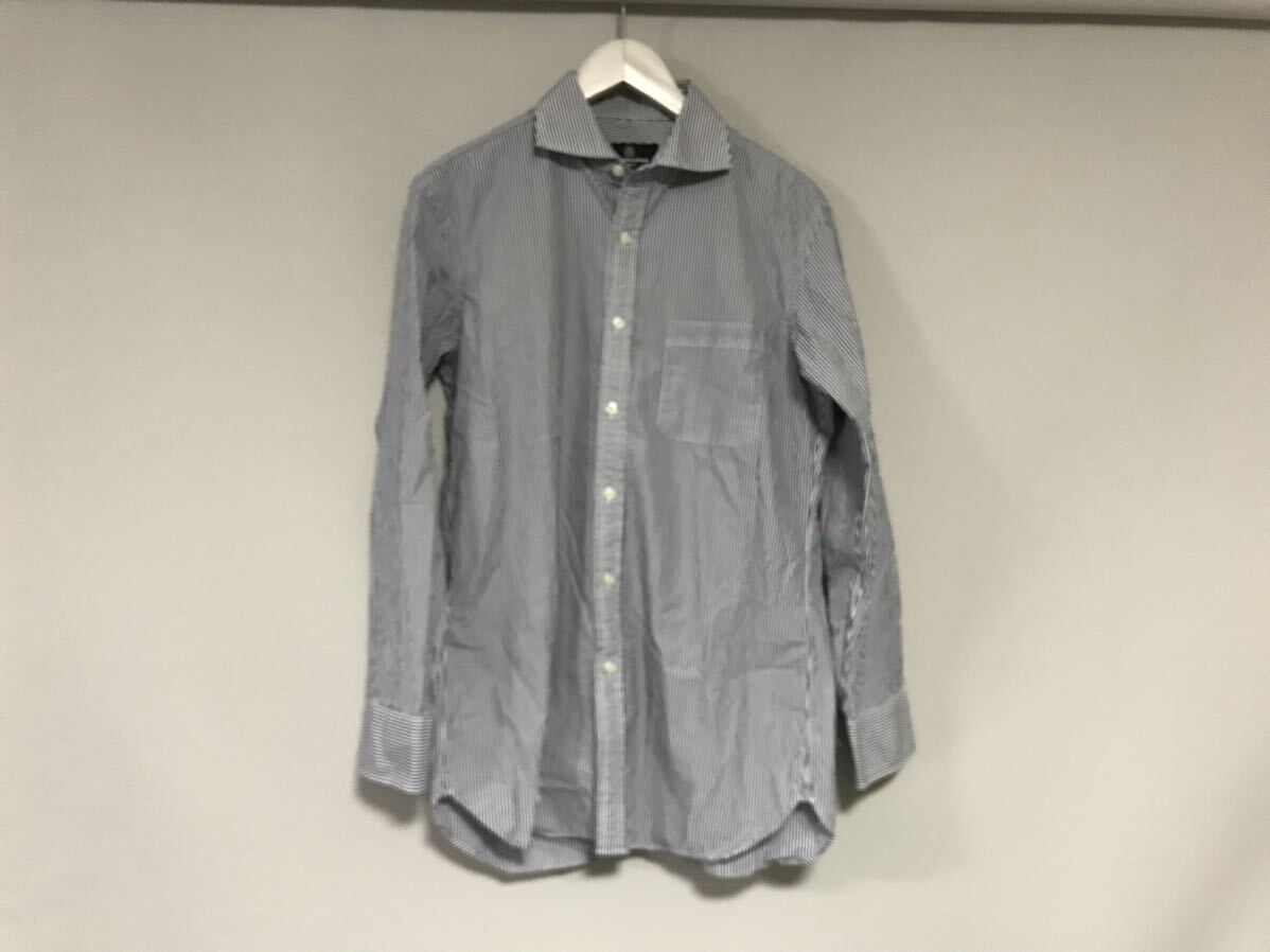 美品本物アクアスキュータムAquascutumコットンストライプ柄ドレス長袖シャツサーフミリタリーアメカジビジネススーツメンズ白紺39S日本製拍卖