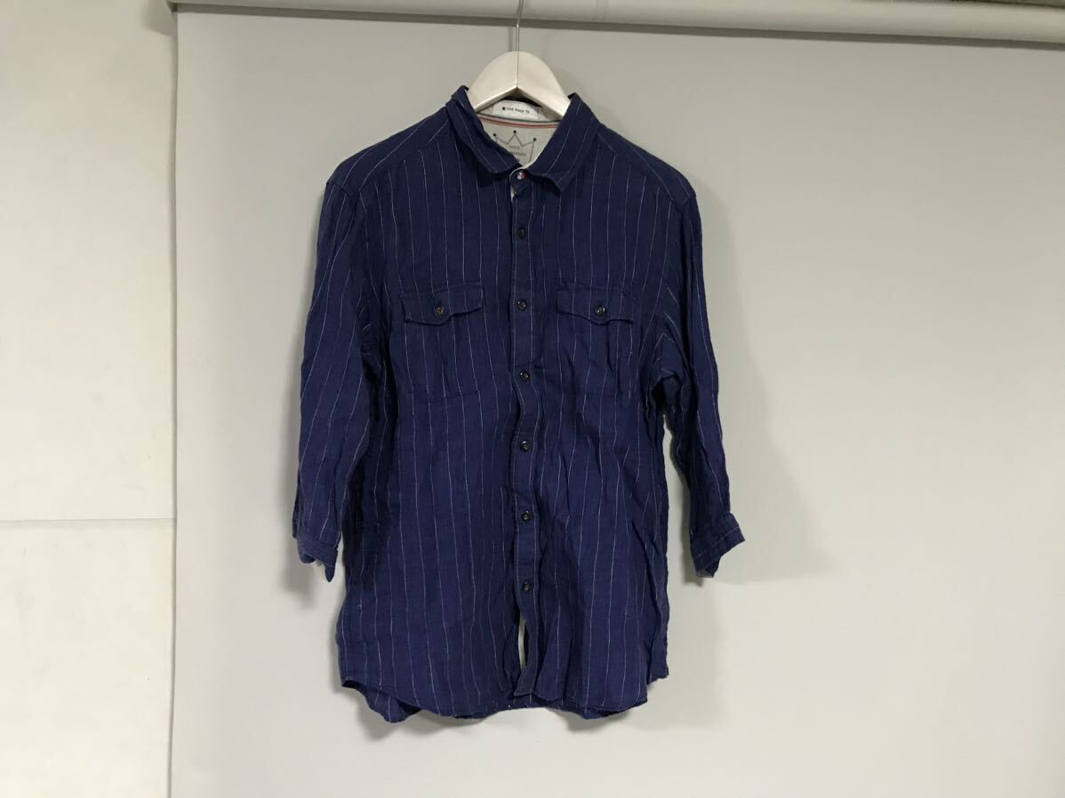 本物タケオキクチtkTAKEOKIKUCHIストライプ柄麻リネン7部丈袖長袖シャツサーフミリタリーアメカジビジネススーツメンズ紺ネイビーL拍卖