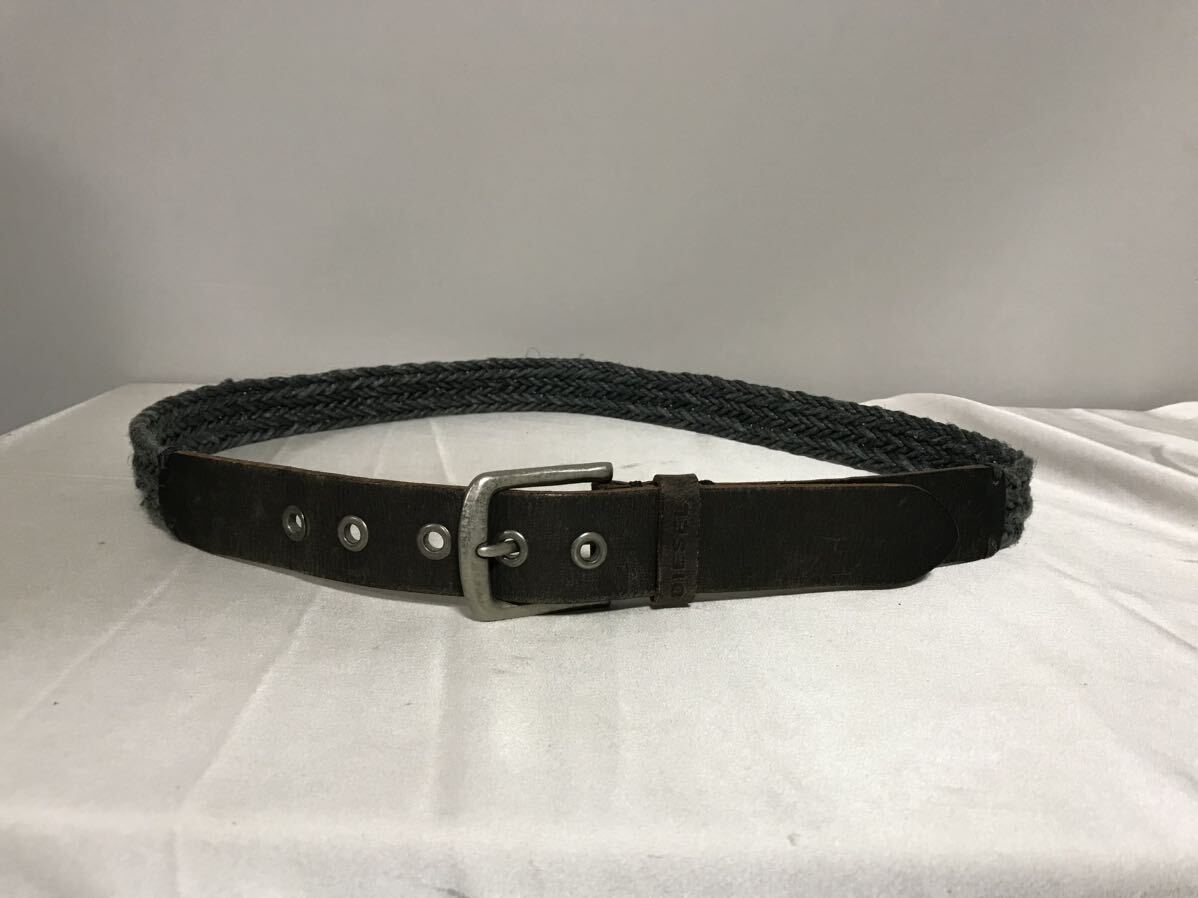 本物ディーゼルDIESEL本革レザージュート編み込みベルトビジネススーツ旅行トラベルメンズゴルフブラウングレー95cmインド製拍卖