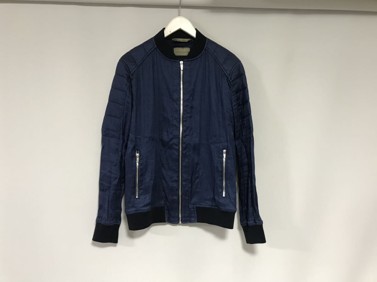本物ザラマンZARAMANリネン麻サマーMA1ミリタリーライダースジップジャケットメンズサーフワークビジネススーツ紺ネイビーL拍卖
