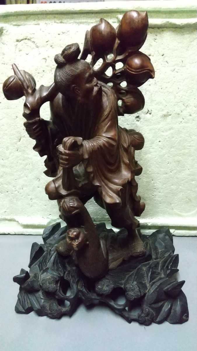 ヒビあり 桃仙人 古い 中国古玩美術 木製 無垢材 仏教美術 置物 木彫 仏像 高さ 35cm 縁起物 拍卖