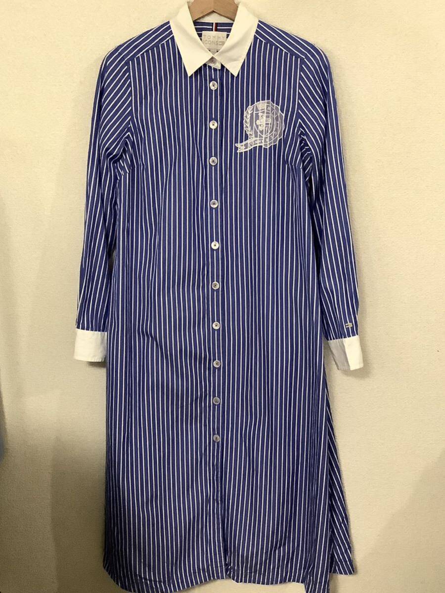 TOMMY ICONS TOMMY HILFIGER トミーヒルフィガー ストライプ柄 シャツワンピース ブルー レディース 古着 ロングシャツ拍卖