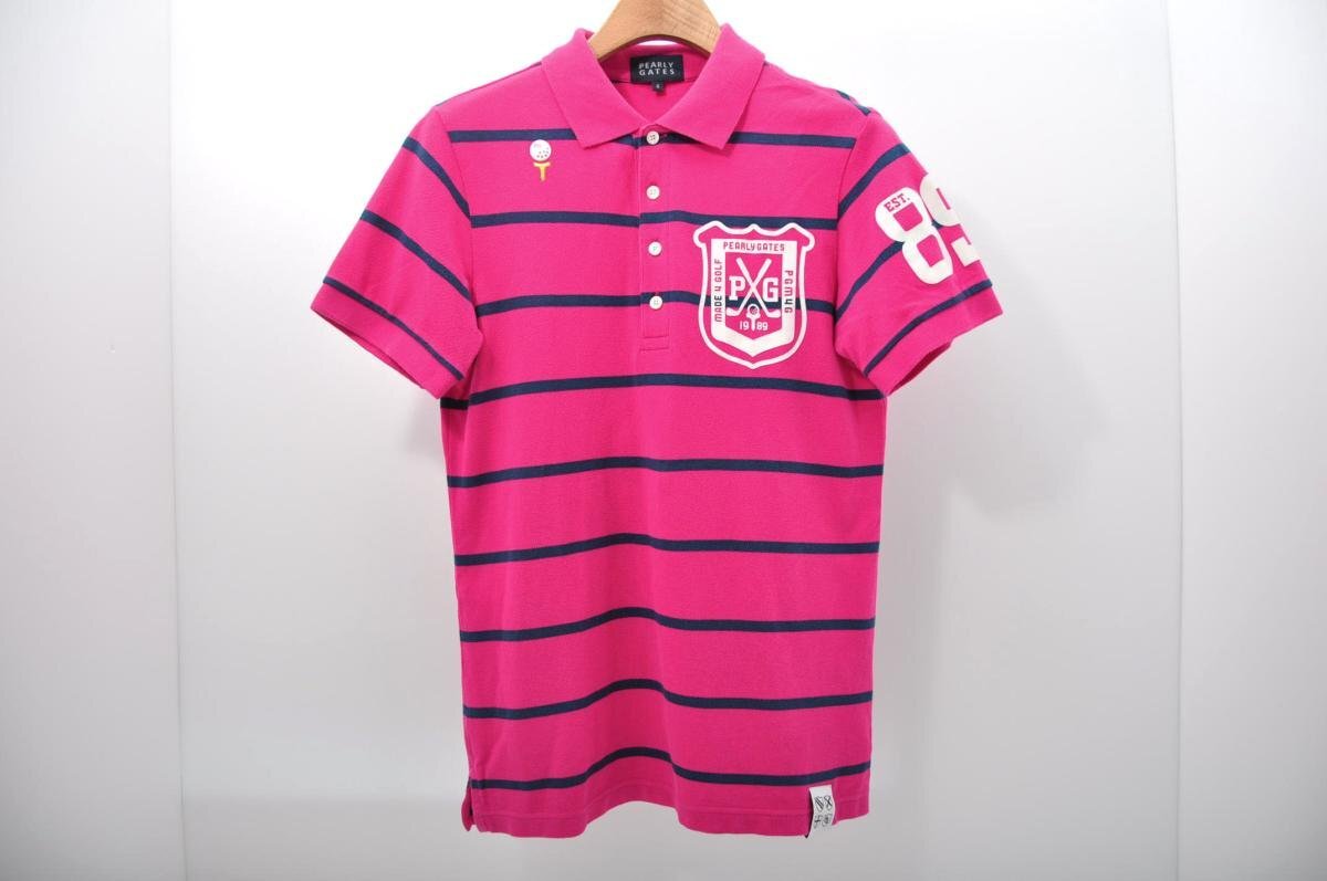 coco 中古【値下げ】パーリーゲイツ PEARLY GATES メンズ 半袖ポロシャツ 4(M) ピンク×紺 ボーダー レターパックプラス発送可 77589拍卖