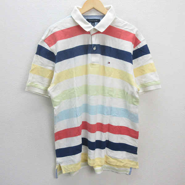 G■トミーヒルフィガー/TOMMYHILFIGER 半袖ポロシャツ/ボーダー 鹿の子地【XL】マルチカラー/men's/102【中古】■拍卖