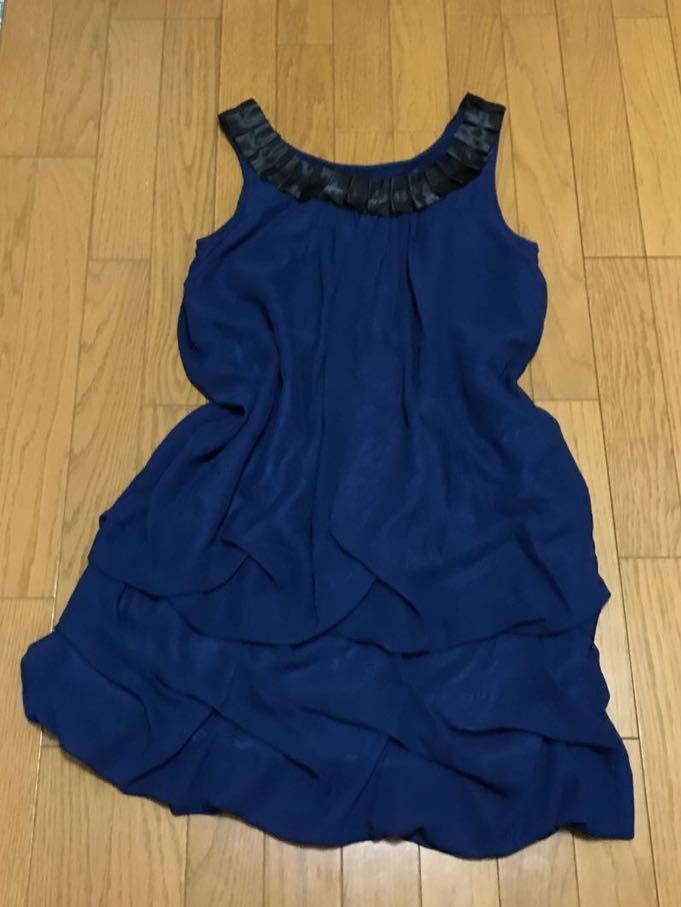 ネイビー フリル ノースリーブワンピース ドレス シフォン バルーン裾 サイズ11 結婚式 二次会 披露宴拍卖