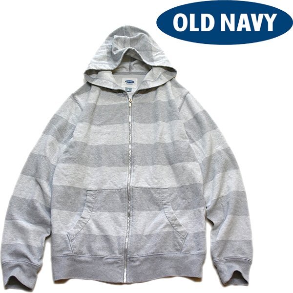 1点物◆オールドネイビーONボーダー柄ジップアップパーカー古着メンズMLレディースOKアメカジ90sストリート/スポーツ灰色トレーナー372416拍卖