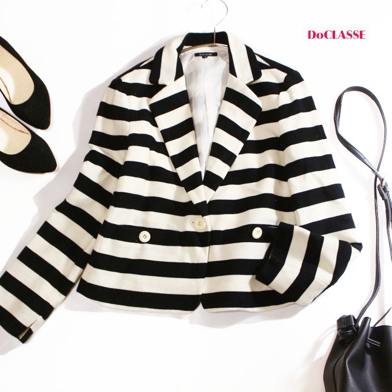 DoCLASSE ドゥクラッセ 春 夏 ボーダー柄 長袖 サマージャケット サイズM 9号 ブラック 黒 ホワイト 白 ジャージ― ミセス拍卖