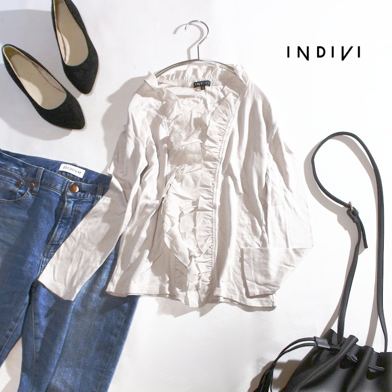 インディヴィ INDIVI 株) ワールド 春 夏 綺麗め タイト エレガント シフォンフリル 長袖 カットソー ブラウス 38 9号 ライトグレー 優しい拍卖