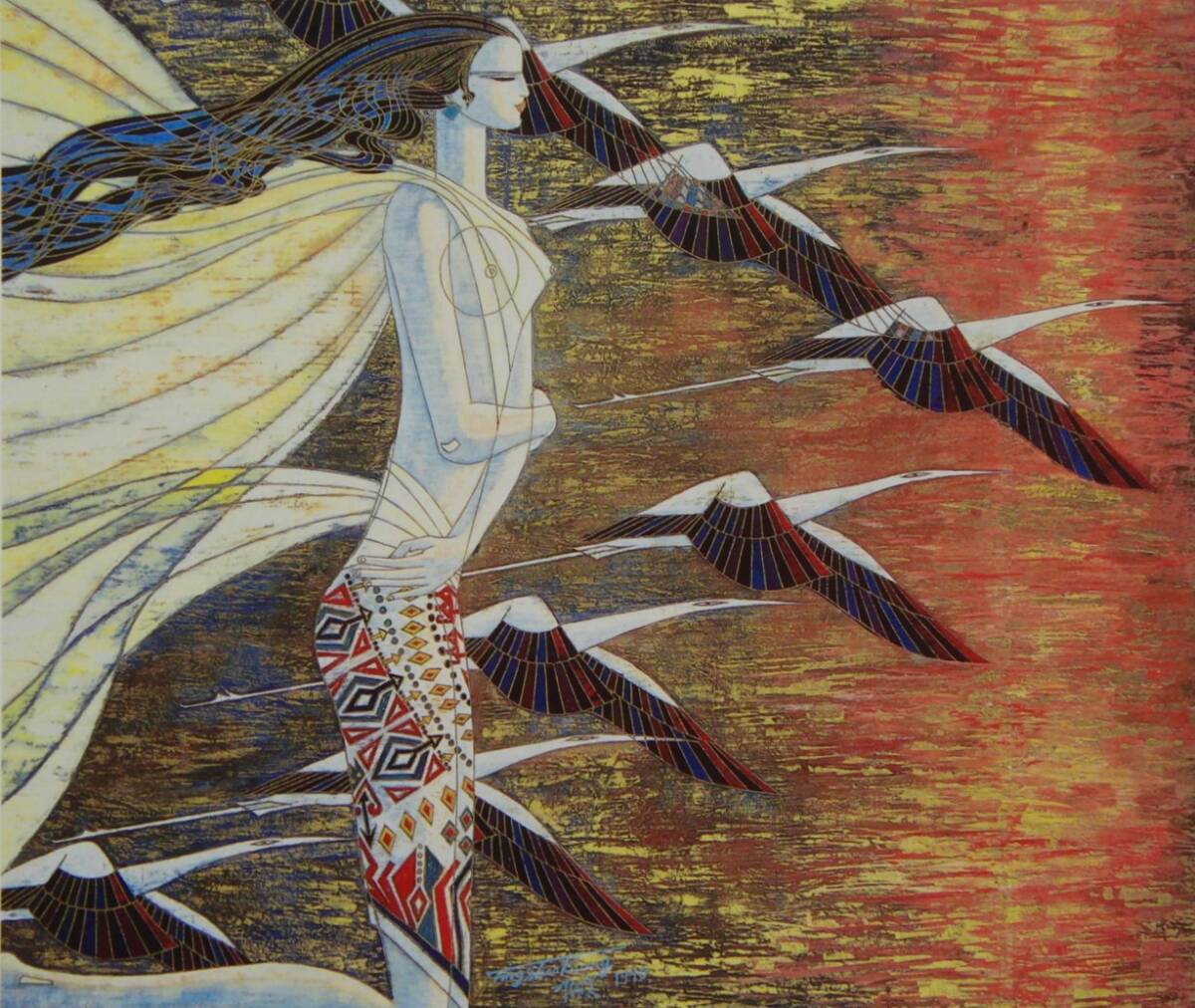 丁紹光(ティン・シャオ・クァン)「クレイン アンド サンライト」  希少画集・額装画、日本製新品額縁、状態良好、送料無料拍卖