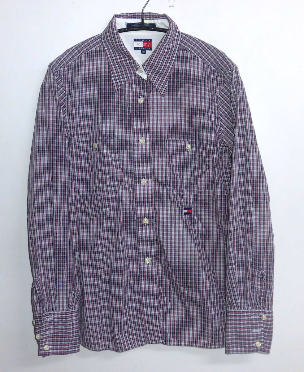 程度良好 90’Sビンテージ TOMMY HILFIGER トミーヒルフィガー レディース コットン100% チェック フラッグ刺繍 長袖シャツ 10拍卖