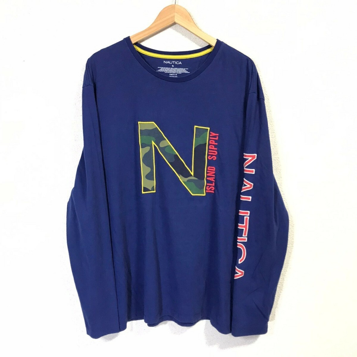 H7783dE NAUTICA ノーティカ 長袖Tシャツ ロンT ブルー×グリーン メンズ サイズXL 刺繍 プリントTシャツ ロングTシャツ 古着拍卖