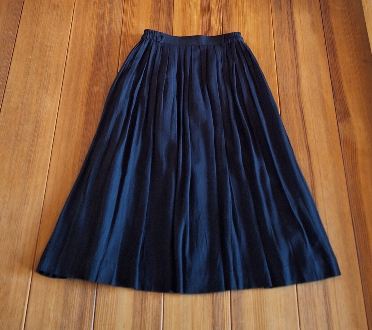 ★古着 麻混 ミディ丈 タックギャザースカート ブラック サイズF 美品 日本製★拍卖