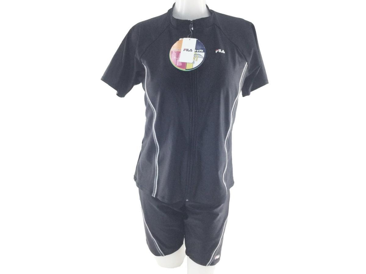 レディース水着 2点セット FILA タンキニ フルジップ 半袖 体型カバー 大きいサイズ 19号 LLサイズ ブラックxグレー拍卖
