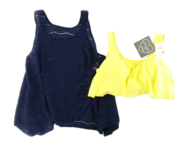 レディース水着 トップス 2点セット フレア型レースタンク ビキニトップ 体型カバー LL イエロー拍卖