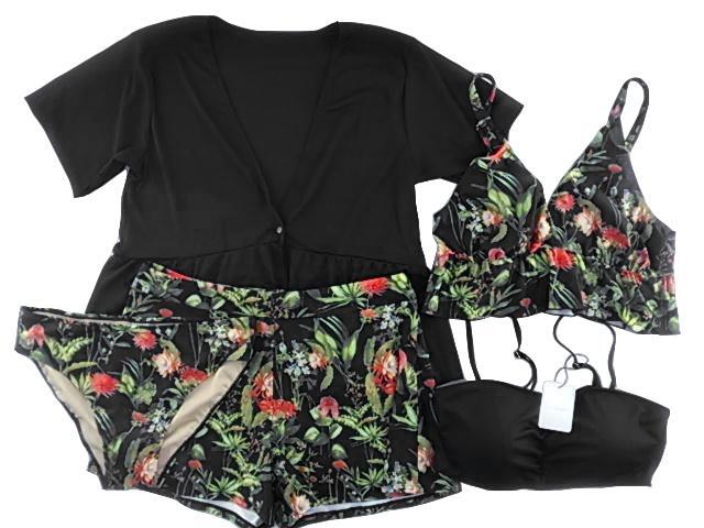 レディース水着 5点セット バンドゥ&ビスチェ 体型カバー 3way ビキニ 体型カバー 大きいサイズ 10L ブラック拍卖