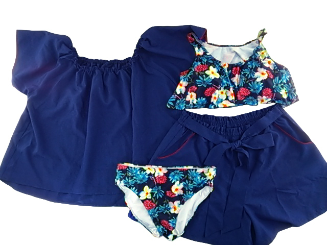 レディース水着 4点セット デニムロンパース風 体型カバー 大きいサイズ 4L フラワー柄 ネイビー拍卖