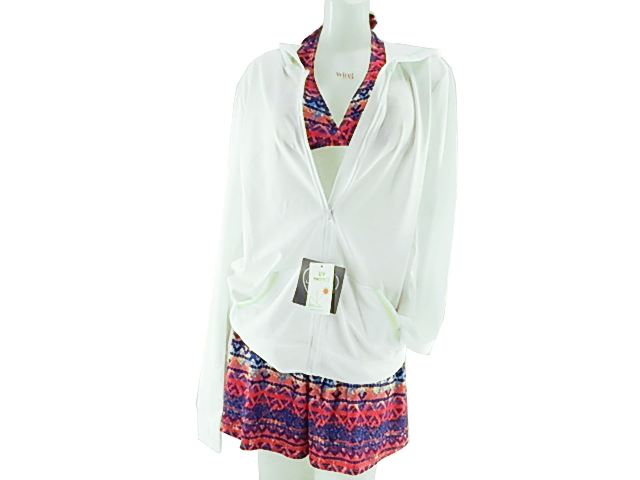 レディース水着 4点セット ラッシュガード&ビキニ 体型カバー 大きいサイズ 8L エスニック柄 レッド系拍卖